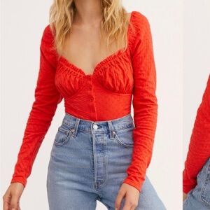 Free People Ladybug Long Sleeve Top Sweetheart Button Front Size Medium
